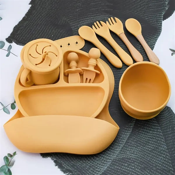 10-Piece Silicone Infant Feeding Set w/ Wood-Handle Utensils