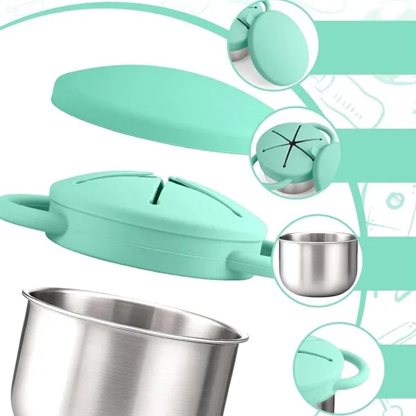 3-in-1 Stainless Steel Bowl w/ Silicone Cup &Spill-Proof Lid