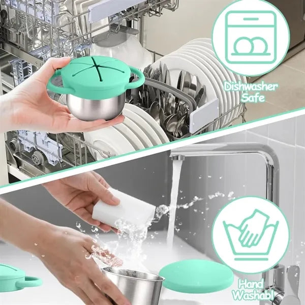 3-in-1 Stainless Steel Bowl w/ Silicone Cup &Spill-Proof Lid