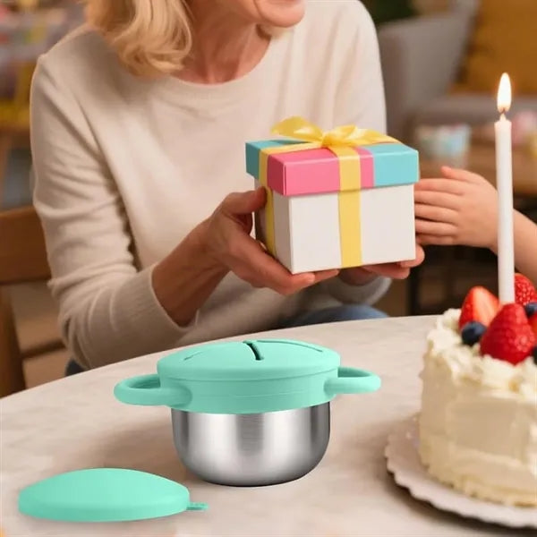 3-in-1 Stainless Steel Bowl w/ Silicone Cup &Spill-Proof Lid
