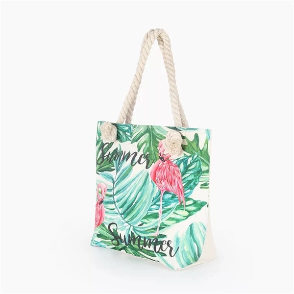 Flamingo Design Cotton Zipped Beach Tote Bag