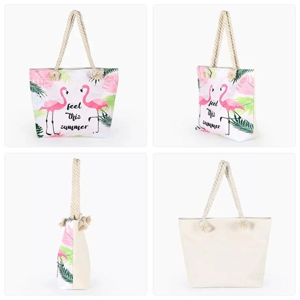 Flamingo Design Cotton Zipped Beach Tote Bag