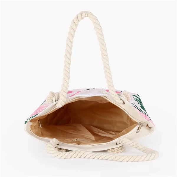 Flamingo Design Cotton Zipped Beach Tote Bag