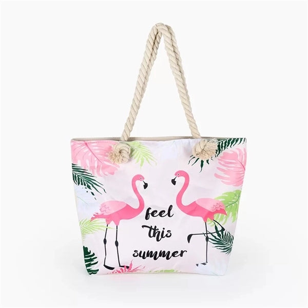Flamingo Design Cotton Zipped Beach Tote Bag