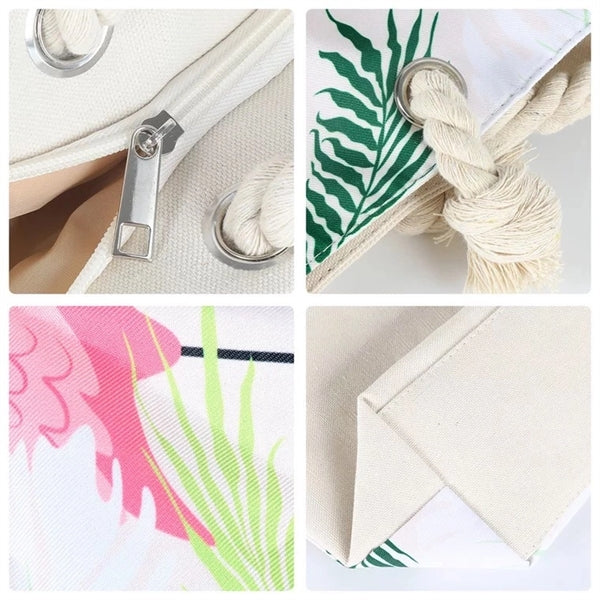 Flamingo Design Cotton Zipped Beach Tote Bag