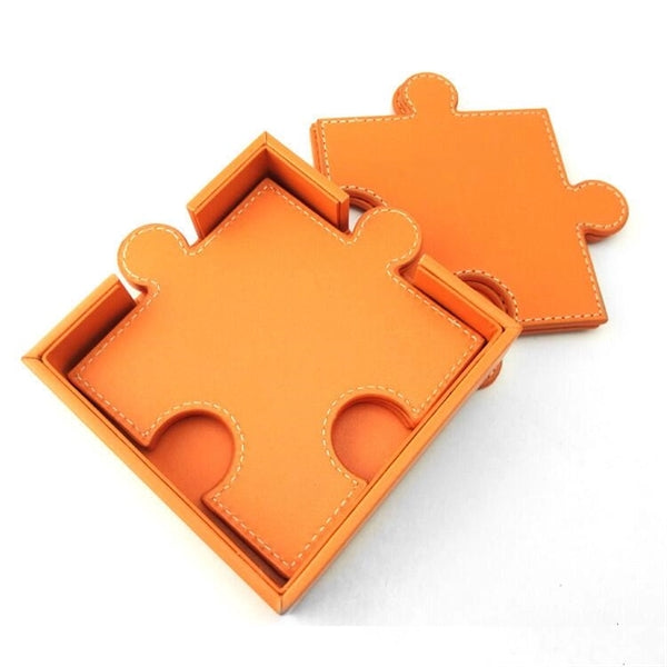 PU Leather puzzle cup coaster with press logo