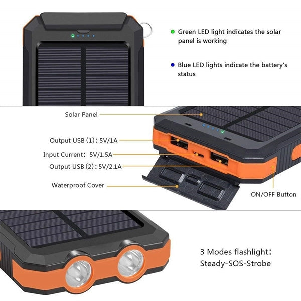 10000mAh Outdoor Solar Power Phone Charger Station, LEDTorch