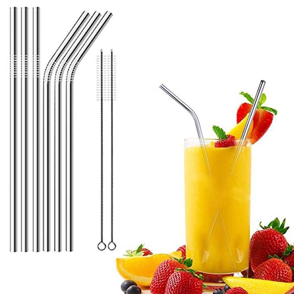Stainless Steel Straws w/ Cleaning Brushes Velvet Bag