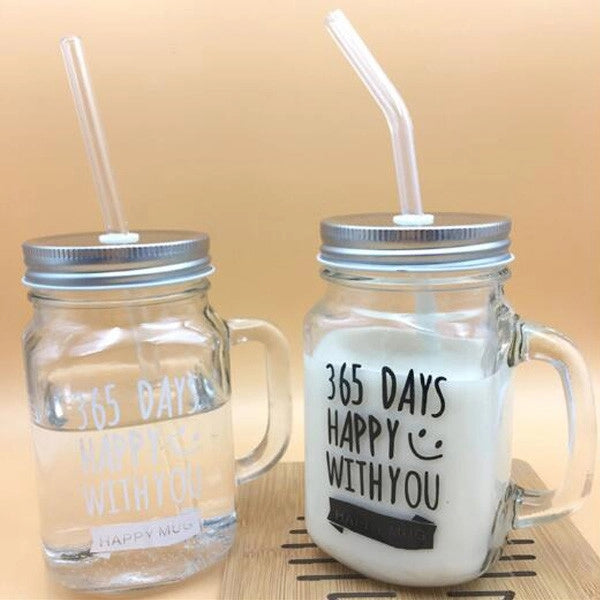 Glass Mason Jar Cup With Straw And Handle 16oz
