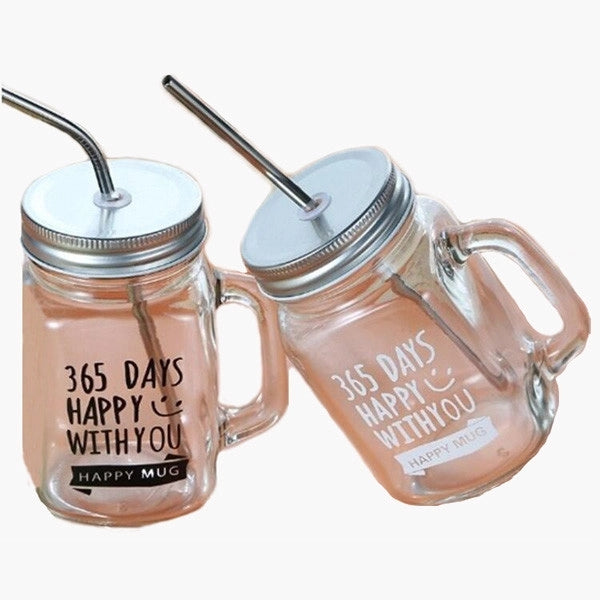 Glass Mason Jar Cup With Straw And Handle 16oz