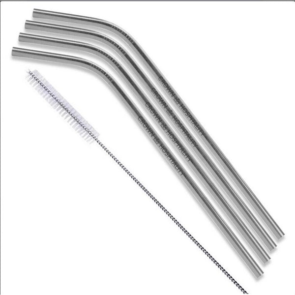Silver Stainless Steel Bent Straw 4 pc Set
