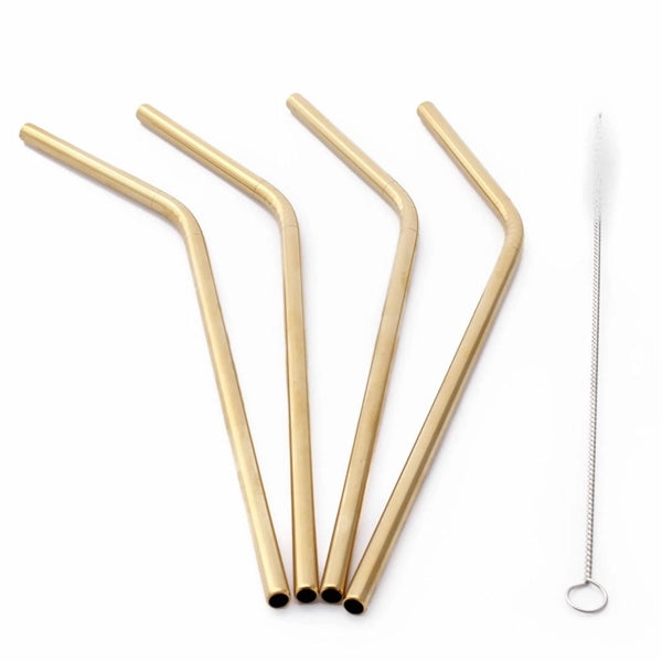 Gold & Copper Stainless Steel Bent Straw 4 pc Set