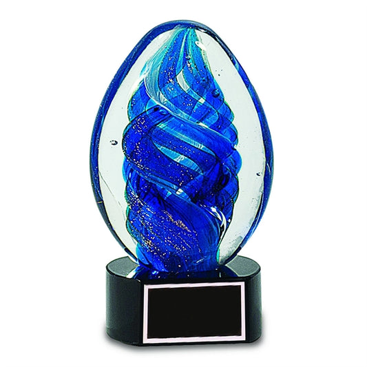 6" Blue Oval Swirl Art Glass