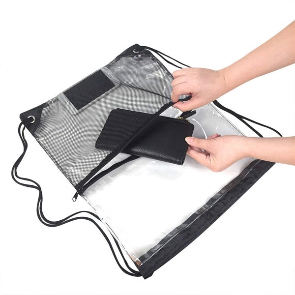 Clear PVC Drawstring Backpack with Front Zipper Mesh Pocket