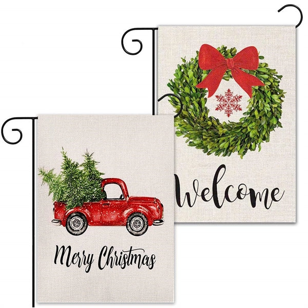 Christmas Burlap Garden Flags, Welcome Boxwood Wreath and Re