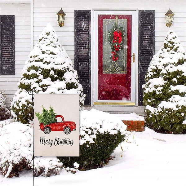 Christmas Burlap Garden Flags, Welcome Boxwood Wreath and Re