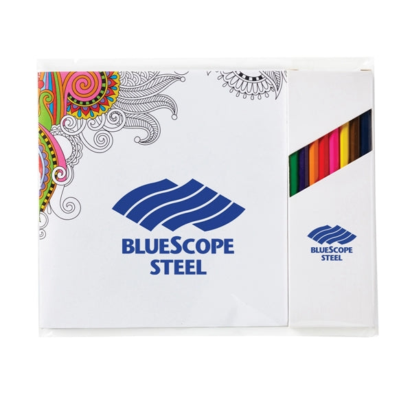 Deluxe 7" x 7" Adult Coloring Book & 8-Color Pencil Set