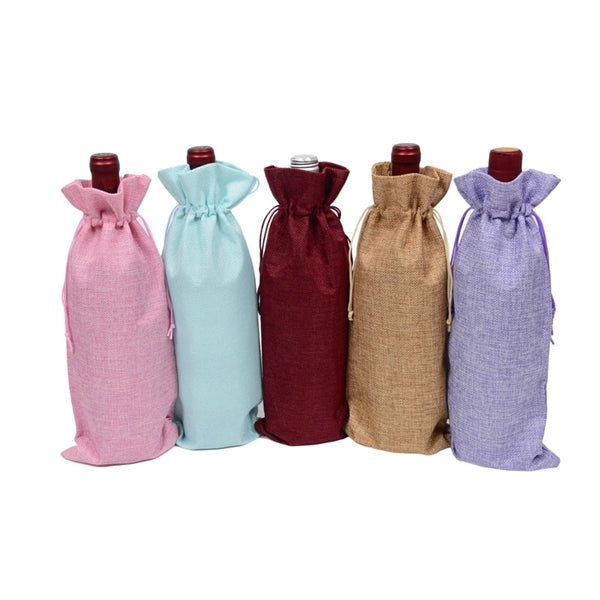 Jute Linen Burlap Wine Drawstring Bag