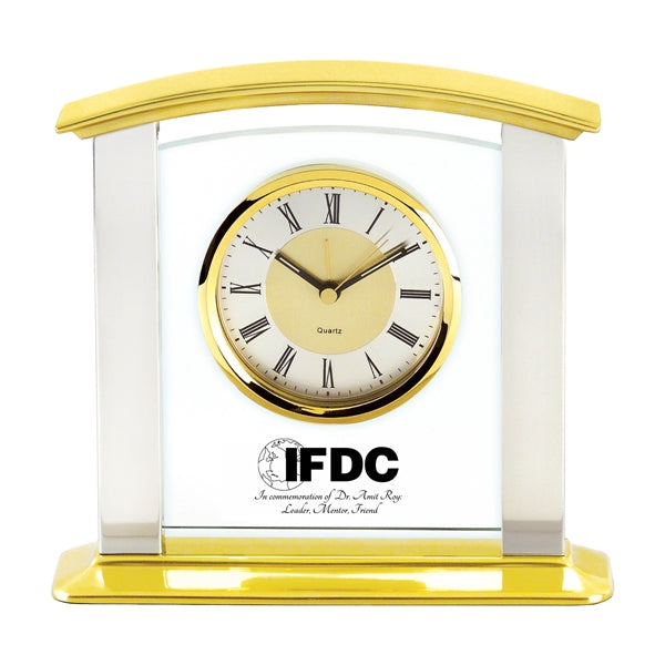 Glass & Brass Mantel Clock with Silver Columns