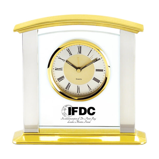 Glass & Brass Mantel Clock with Silver Columns