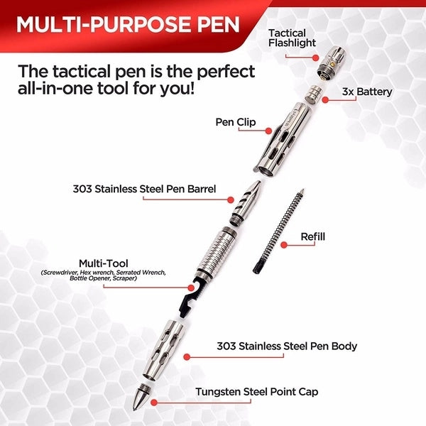 Self Defense EDC Tactical Pen W/ LED Flashlight & Knife