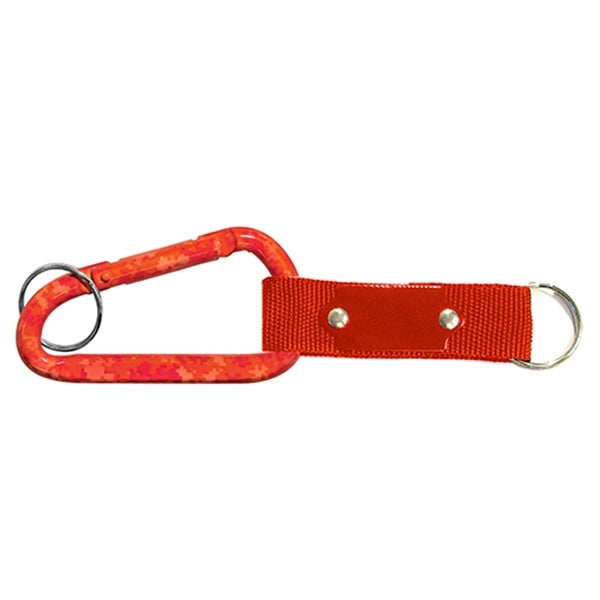 Red Carabiner with Strap and Metal Plate w/ Split Ring