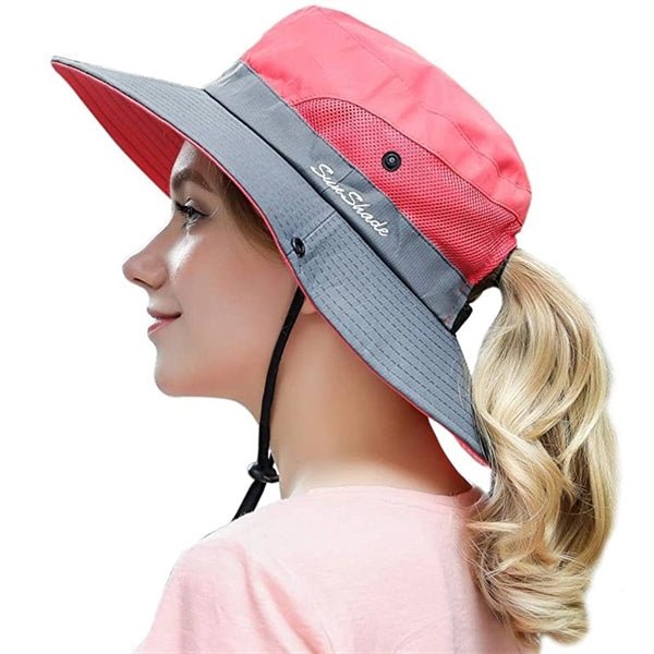 Womens UV Protection Wide Brim Sun Mesh Ponytail Hole Hats