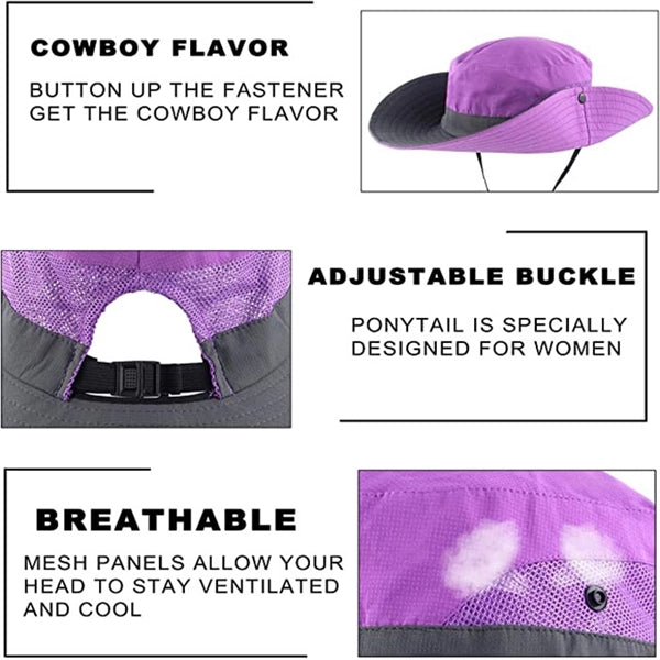 Womens UV Protection Wide Brim Sun Mesh Ponytail Hole Hats