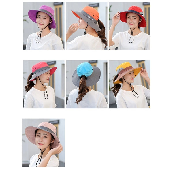 Womens UV Protection Wide Brim Sun Mesh Ponytail Hole Hats