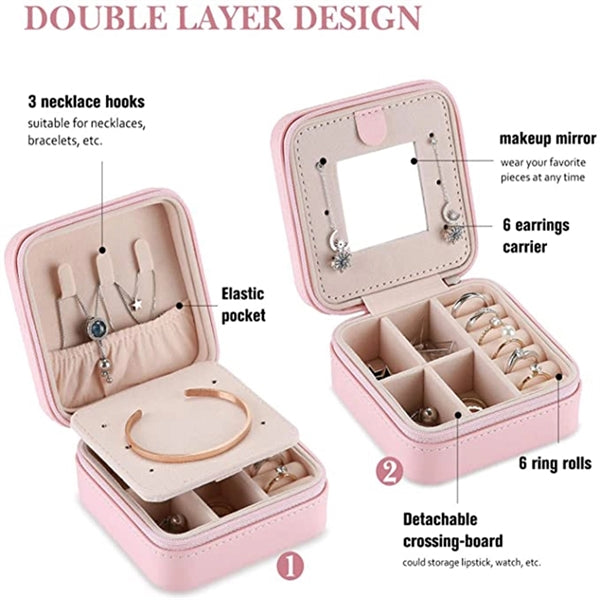 Portable Mini Jewelry Travel Case with Zipper Mirror