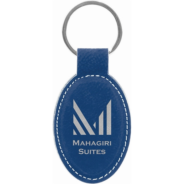 Blue/Silver Laser engraved Leatherette Oval Keychain