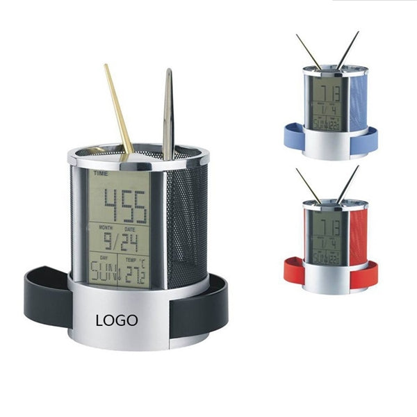 Multi function plastic calendar clock pen holder