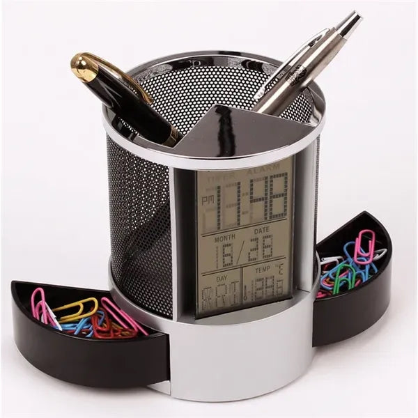 Multi function plastic calendar clock pen holder