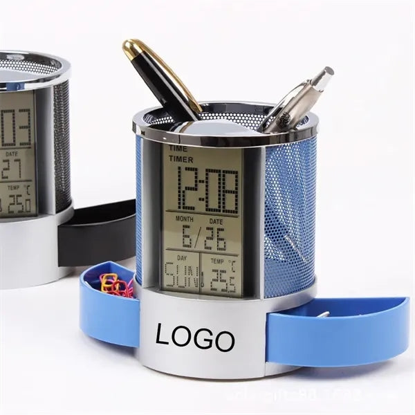 Multi function plastic calendar clock pen holder
