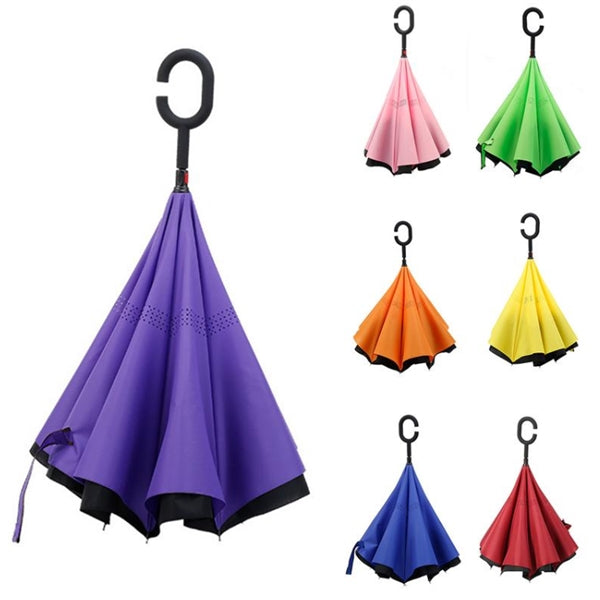 Reverse Inverted Windproof Umbrella With C-Shaped Handle