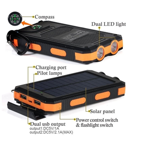 Waterproof 10000mAh Solar Power Bank wz Compass &Keyring