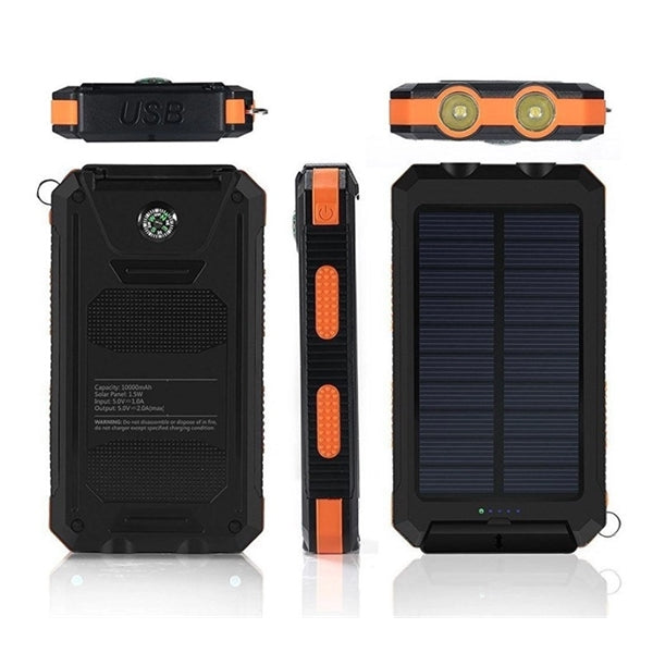 Waterproof 10000mAh Solar Power Bank wz Compass &Keyring