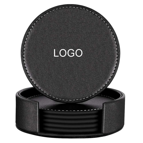 6PC Round PU Leather Coaster Set