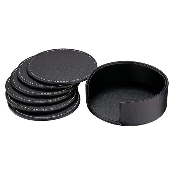 6PC Round PU Leather Coaster Set