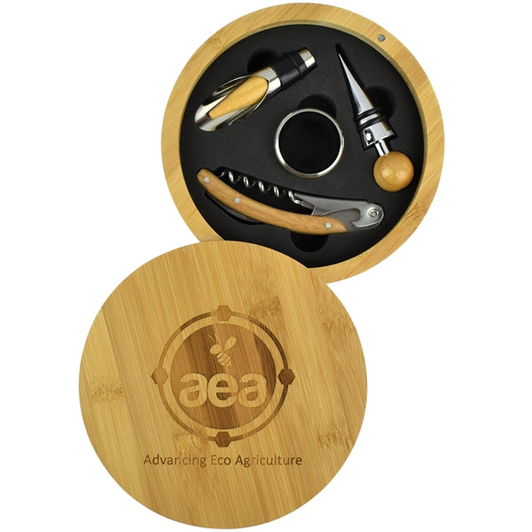 Round Bamboo 4-Piece Wine Tool Set 6 1/4"
