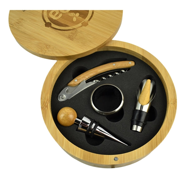 Round Bamboo 4-Piece Wine Tool Set 6 1/4"
