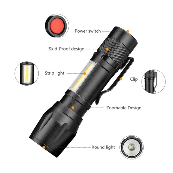 Handheld Zoomable Flashlight with COB Side Lights