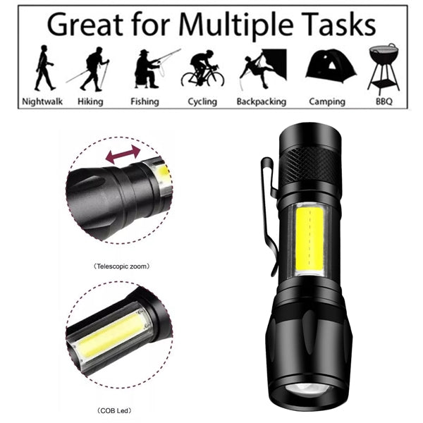 Handheld Zoomable Flashlight with COB Side Lights