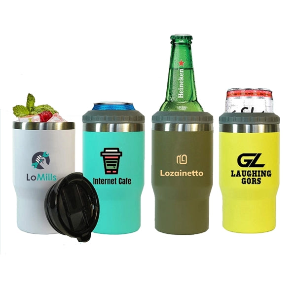 14 oz Stainless Steel 4 In 1 Can Cooler Tumbler w/ 2 lids