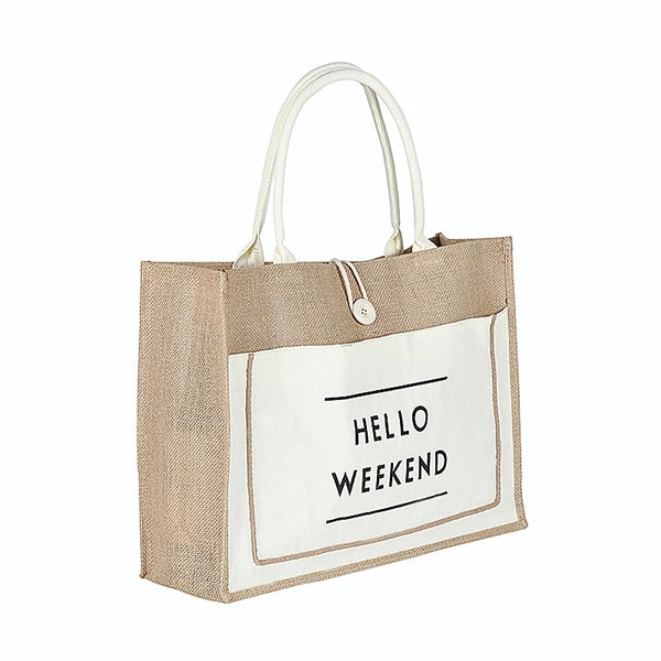 Two Tone Jute Beach Grocery Tote Bag with Front Pocket