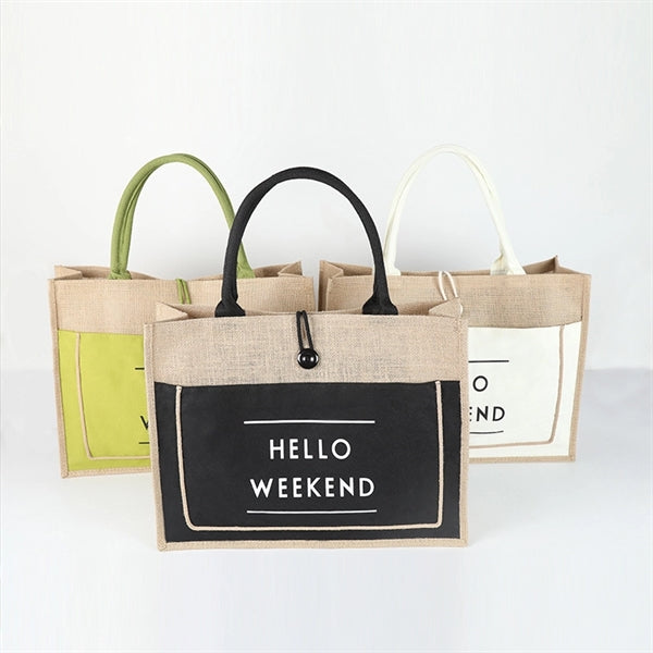 Two Tone Jute Beach Grocery Tote Bag with Front Pocket