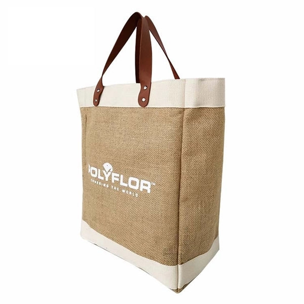 Large Burlap Jute Market Tote Bag With Leather Handles