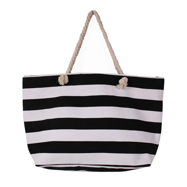 Large Striped Canvas Beach Bag With Cotton Rope Handles