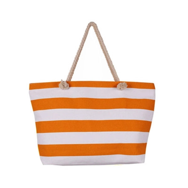 Large Striped Canvas Beach Bag With Cotton Rope Handles