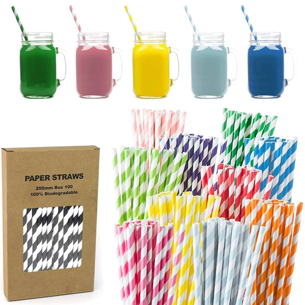 Rainbow Biodegradable Paper Straws - 100 PACK